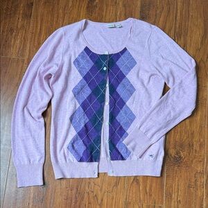 Vintage Esprit Large Pink Purple Argyle Cardigan Knit Button Up Sweater